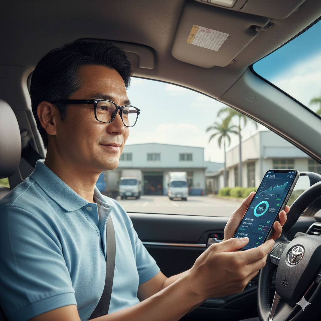 老闆在車上查看手機 ERP 報表